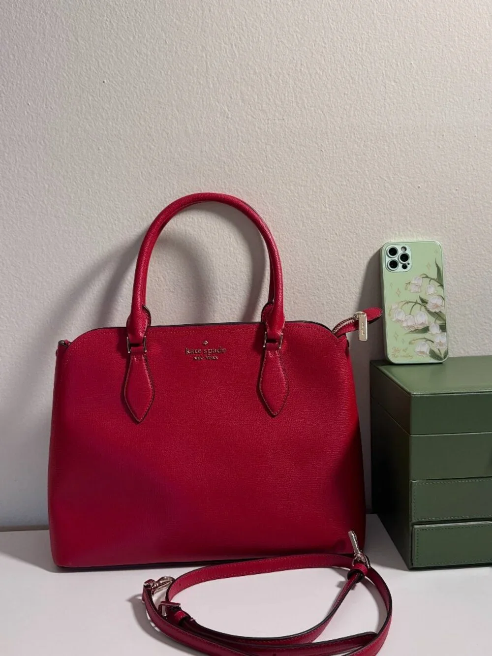 Kate Spade Red Pebbled Leather Satchel Handbag with Detachable Crossbody Strap